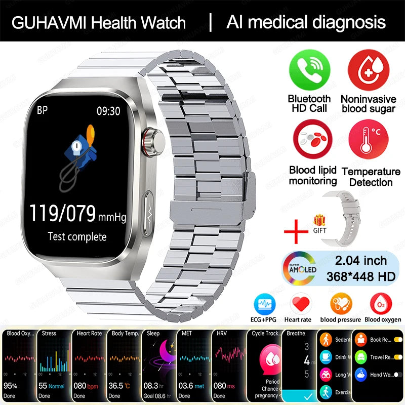 Smartwatch - 2024 Novo Ácido Úrico Gordura no Sangue Smartwatch ECG Glicose no Sangue Frequência Cardíaca Pressão Arterial Monitoramento de Saúde Relógio Inteligente Para HUAWEI IOS