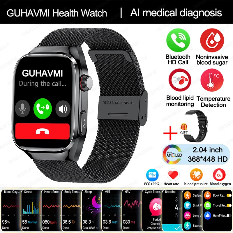 Smartwatch - 2024 Novo Ácido Úrico Gordura no Sangue Smartwatch ECG Glicose no Sangue Frequência Cardíaca Pressão Arterial Monitoramento de Saúde Relógio Inteligente Para HUAWEI IOS