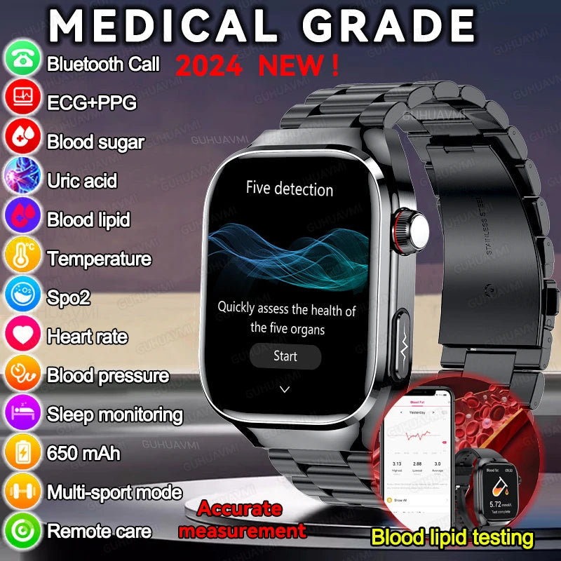 Smartwatch - 2024 Novo Ácido Úrico Gordura no Sangue Smartwatch ECG Glicose no Sangue Frequência Cardíaca Pressão Arterial Monitoramento de Saúde Relógio Inteligente Para HUAWEI IOS