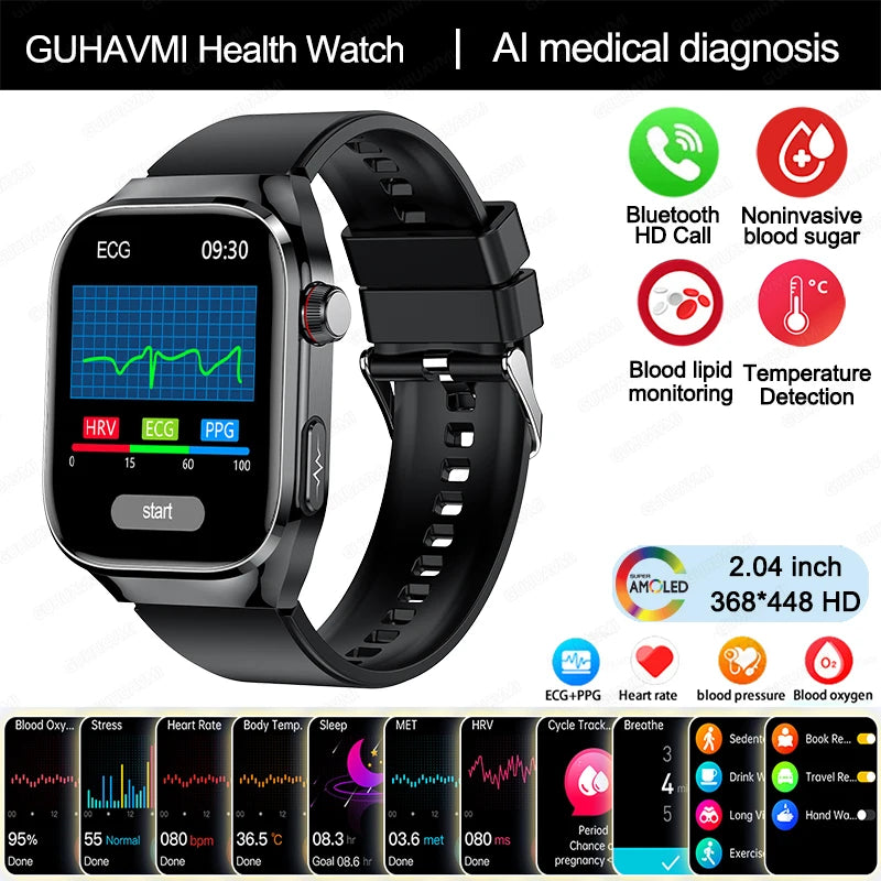 Smartwatch - 2024 Novo Ácido Úrico Gordura no Sangue Smartwatch ECG Glicose no Sangue Frequência Cardíaca Pressão Arterial Monitoramento de Saúde Relógio Inteligente Para HUAWEI IOS