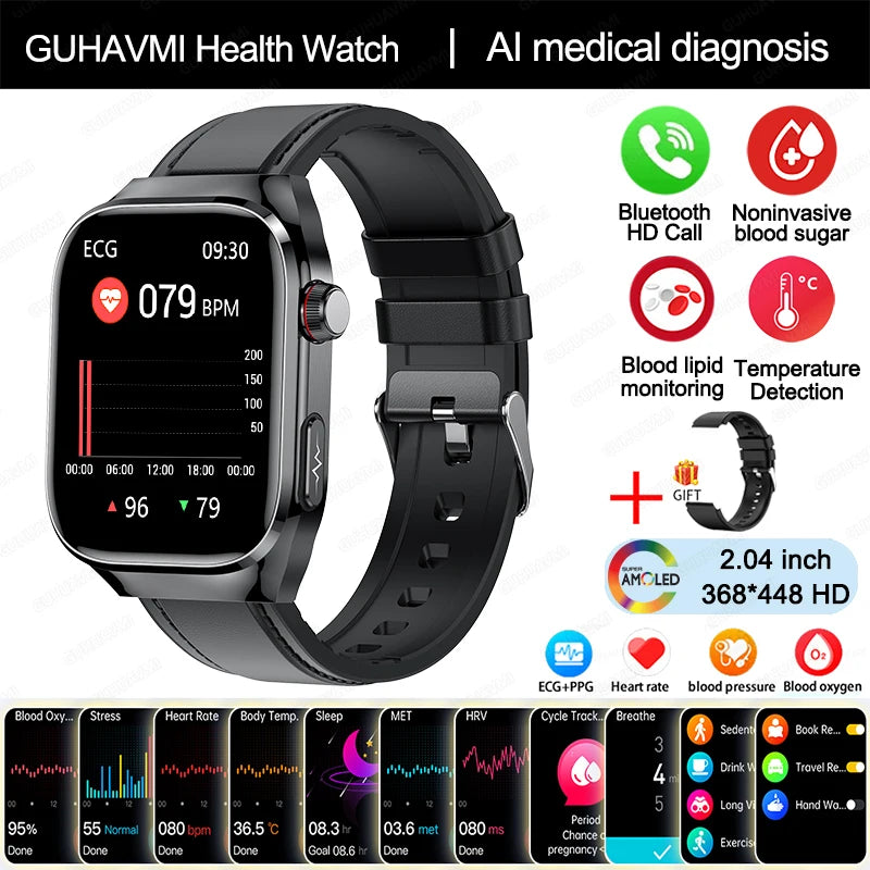 Smartwatch - 2024 Novo Ácido Úrico Gordura no Sangue Smartwatch ECG Glicose no Sangue Frequência Cardíaca Pressão Arterial Monitoramento de Saúde Relógio Inteligente Para HUAWEI IOS