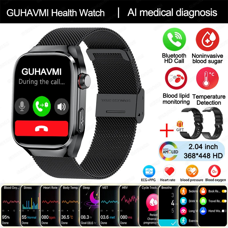 Smartwatch - 2024 Novo Ácido Úrico Gordura no Sangue Smartwatch ECG Glicose no Sangue Frequência Cardíaca Pressão Arterial Monitoramento de Saúde Relógio Inteligente Para HUAWEI IOS