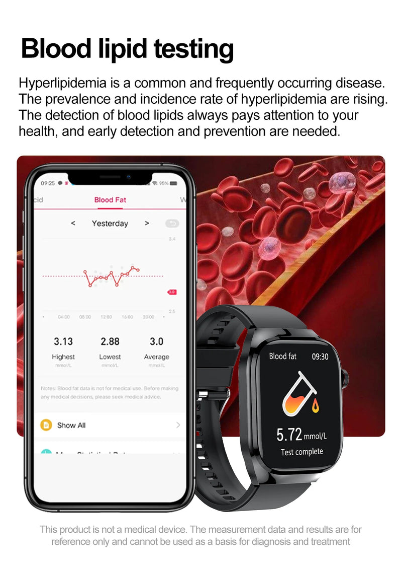 Smartwatch - 2024 Novo Ácido Úrico Gordura no Sangue Smartwatch ECG Glicose no Sangue Frequência Cardíaca Pressão Arterial Monitoramento de Saúde Relógio Inteligente Para HUAWEI IOS