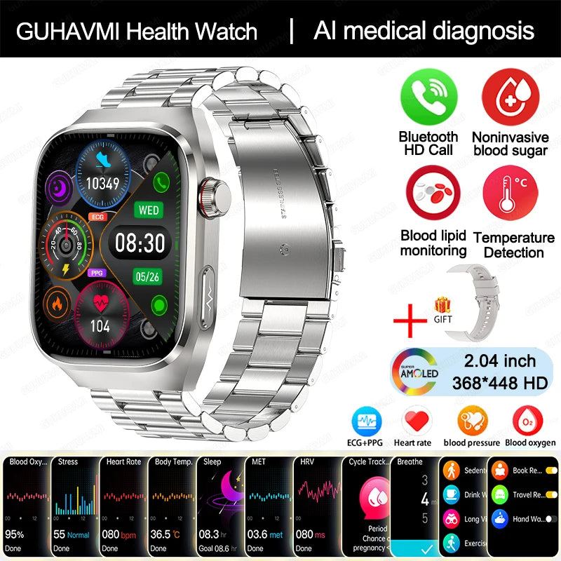 Smartwatch - 2024 Novo Ácido Úrico Gordura no Sangue Smartwatch ECG Glicose no Sangue Frequência Cardíaca Pressão Arterial Monitoramento de Saúde Relógio Inteligente Para HUAWEI IOS