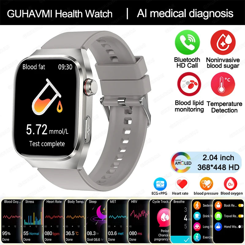 Smartwatch - 2024 Novo Ácido Úrico Gordura no Sangue Smartwatch ECG Glicose no Sangue Frequência Cardíaca Pressão Arterial Monitoramento de Saúde Relógio Inteligente Para HUAWEI IOS