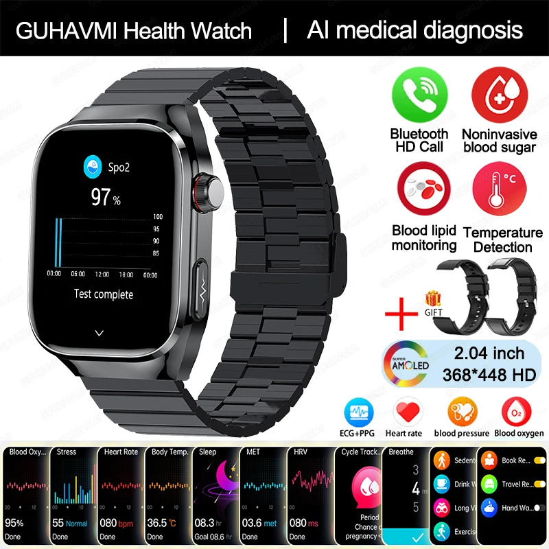 Smartwatch - 2024 Novo Ácido Úrico Gordura no Sangue Smartwatch ECG Glicose no Sangue Frequência Cardíaca Pressão Arterial Monitoramento de Saúde Relógio Inteligente Para HUAWEI IOS