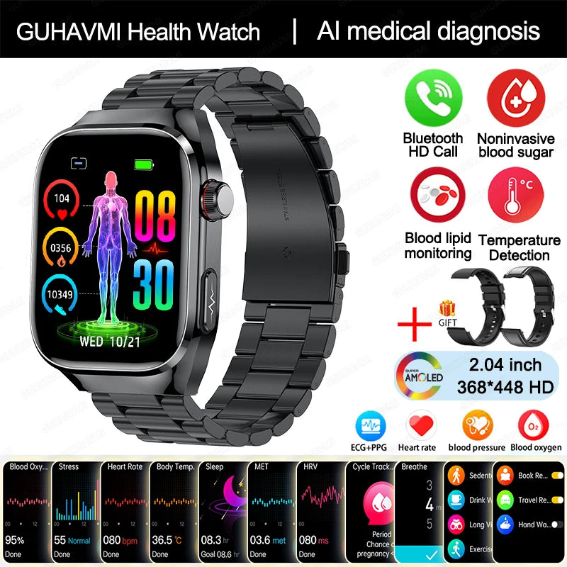 Smartwatch - 2024 Novo Ácido Úrico Gordura no Sangue Smartwatch ECG Glicose no Sangue Frequência Cardíaca Pressão Arterial Monitoramento de Saúde Relógio Inteligente Para HUAWEI IOS