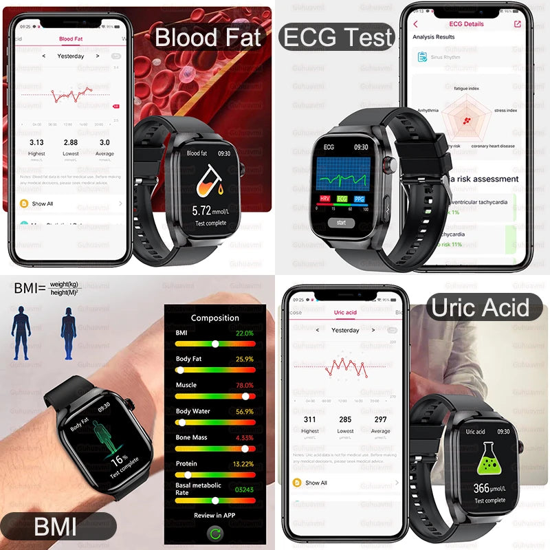 Smartwatch - 2024 Novo Ácido Úrico Gordura no Sangue Smartwatch ECG Glicose no Sangue Frequência Cardíaca Pressão Arterial Monitoramento de Saúde Relógio Inteligente Para HUAWEI IOS